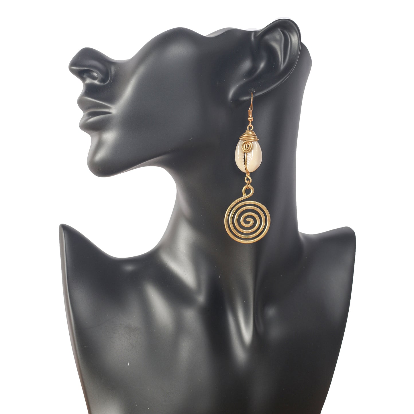 Spiral Earrings handmade with gold plated brass and cowrie shell.