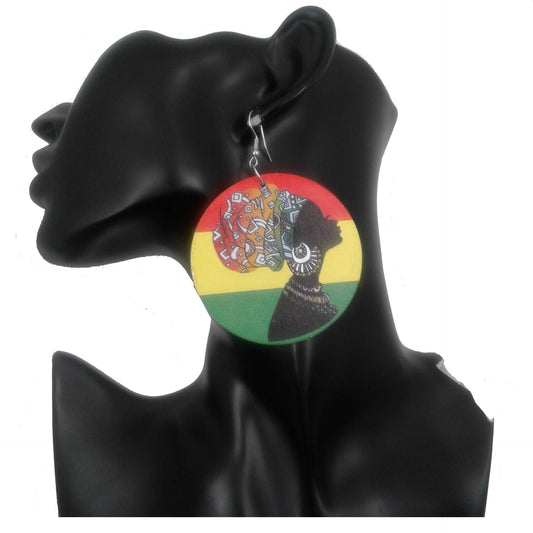 Round African Earrings featuring a black woman wearing a headwrap.