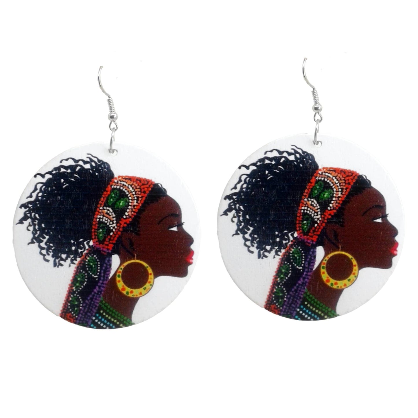 Round Wooden African Earrings featuring a beautiful black woman with braids wearing a headwrap.