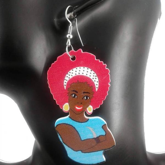 African Wooden Earrings shaped into the image of young woman wearing a red and white headwrap and blue top