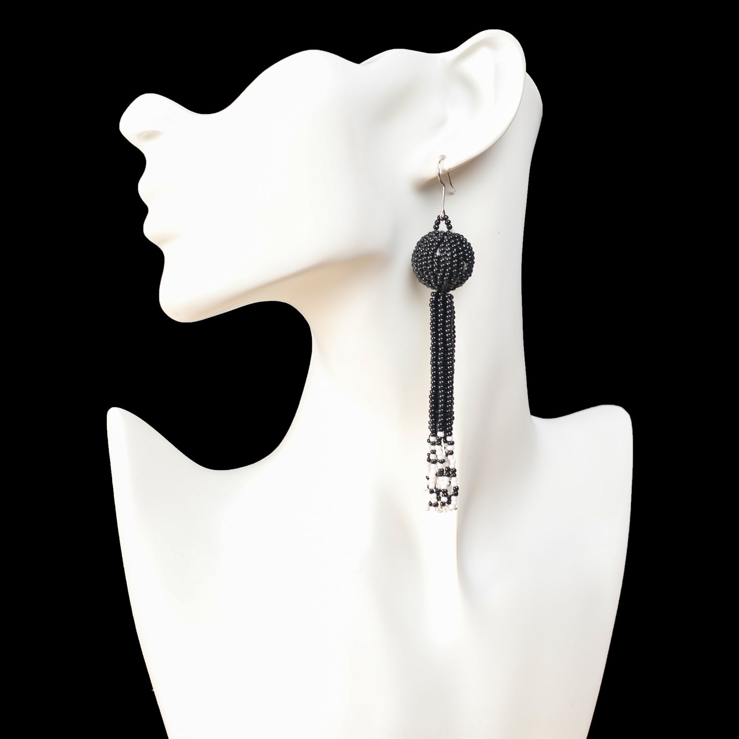 Long Black Ball and Tassel Earrings