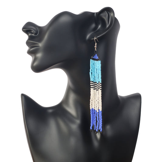 Blue, White, and Black Long Tassel Earrings