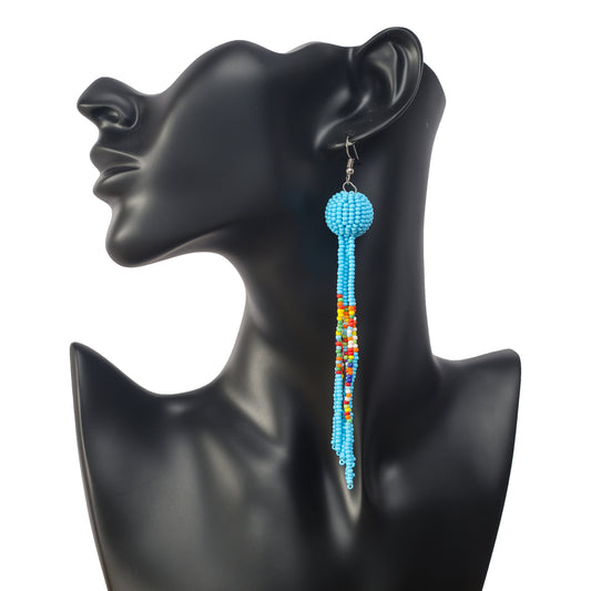 Long Blue ball and Tassel Earrings