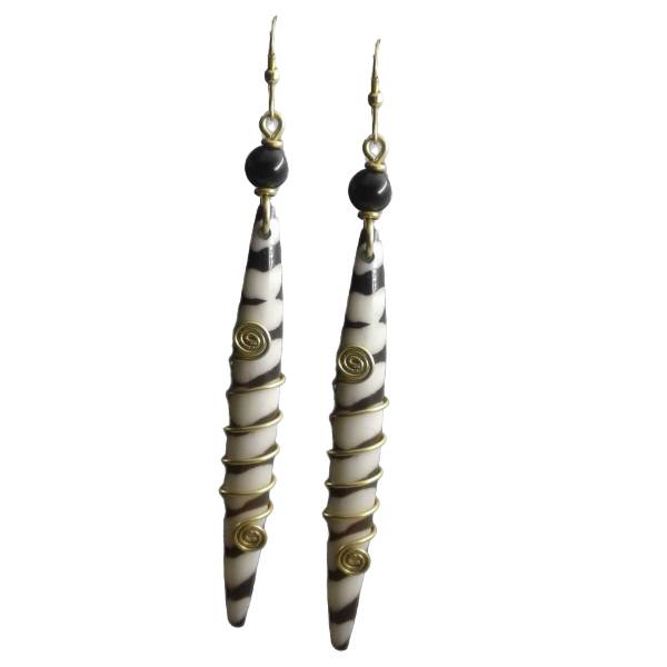 long White and Black earrings. Handmade with camel bone and gold plated brass