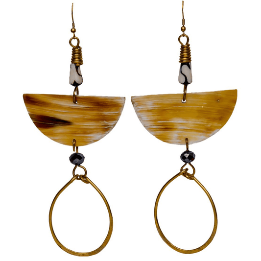 Long Earrings with a drop hoop. They are made from camel bone and gold plated brass.