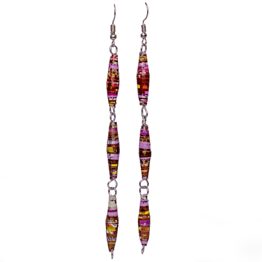 Extra long earrings made with a unique print of multicolors