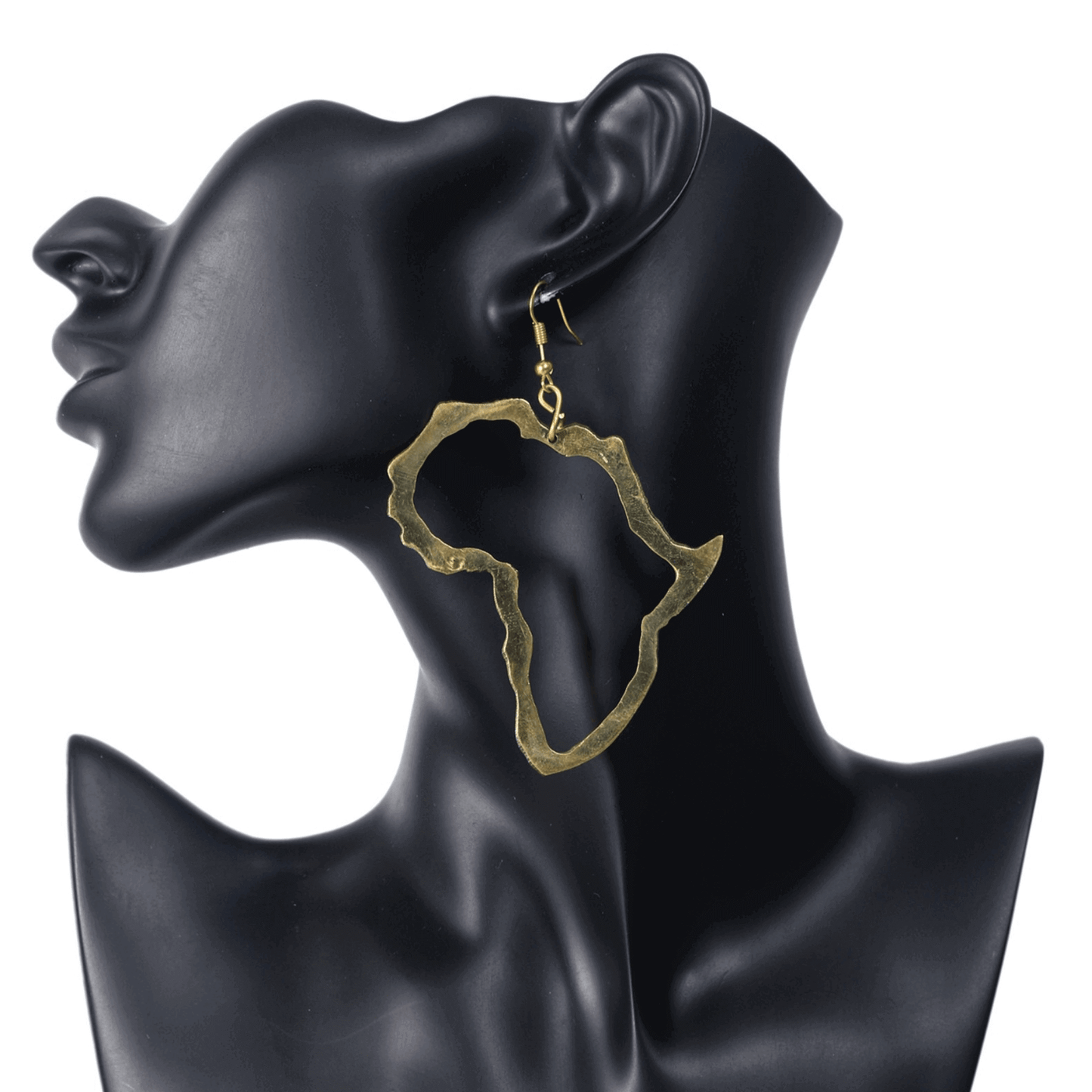 Gold Africa map earrings displayed on mannequin