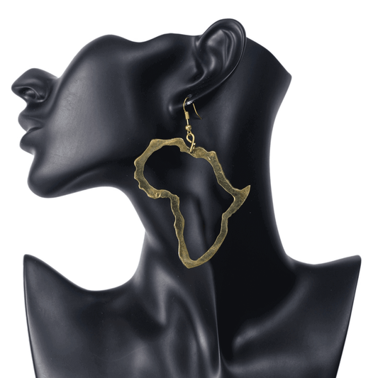 Gold Africa map earrings displayed on mannequin