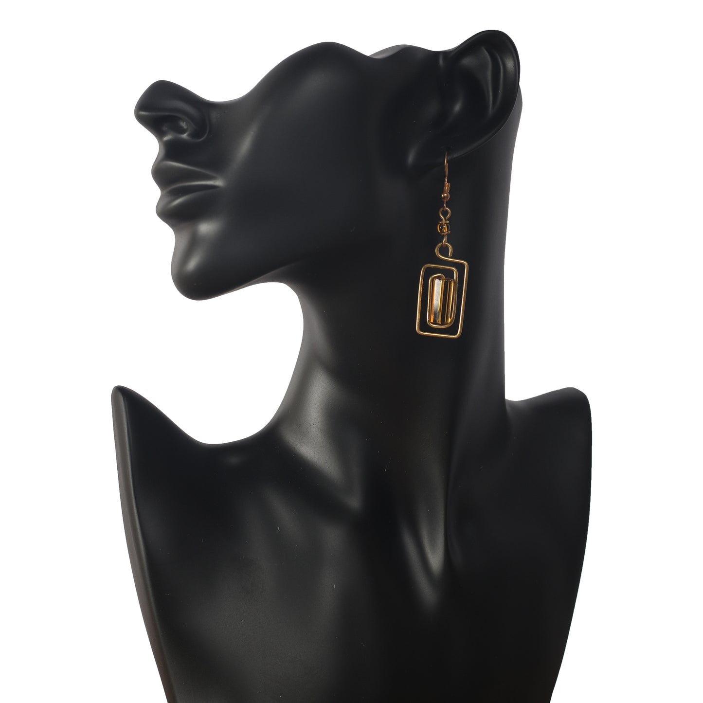 Gold Plated Earrings with Rectangle Brown Bead