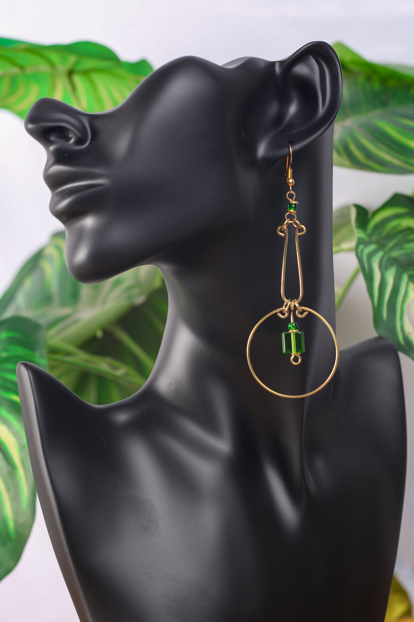 Long Green Bead Hoop Earrings