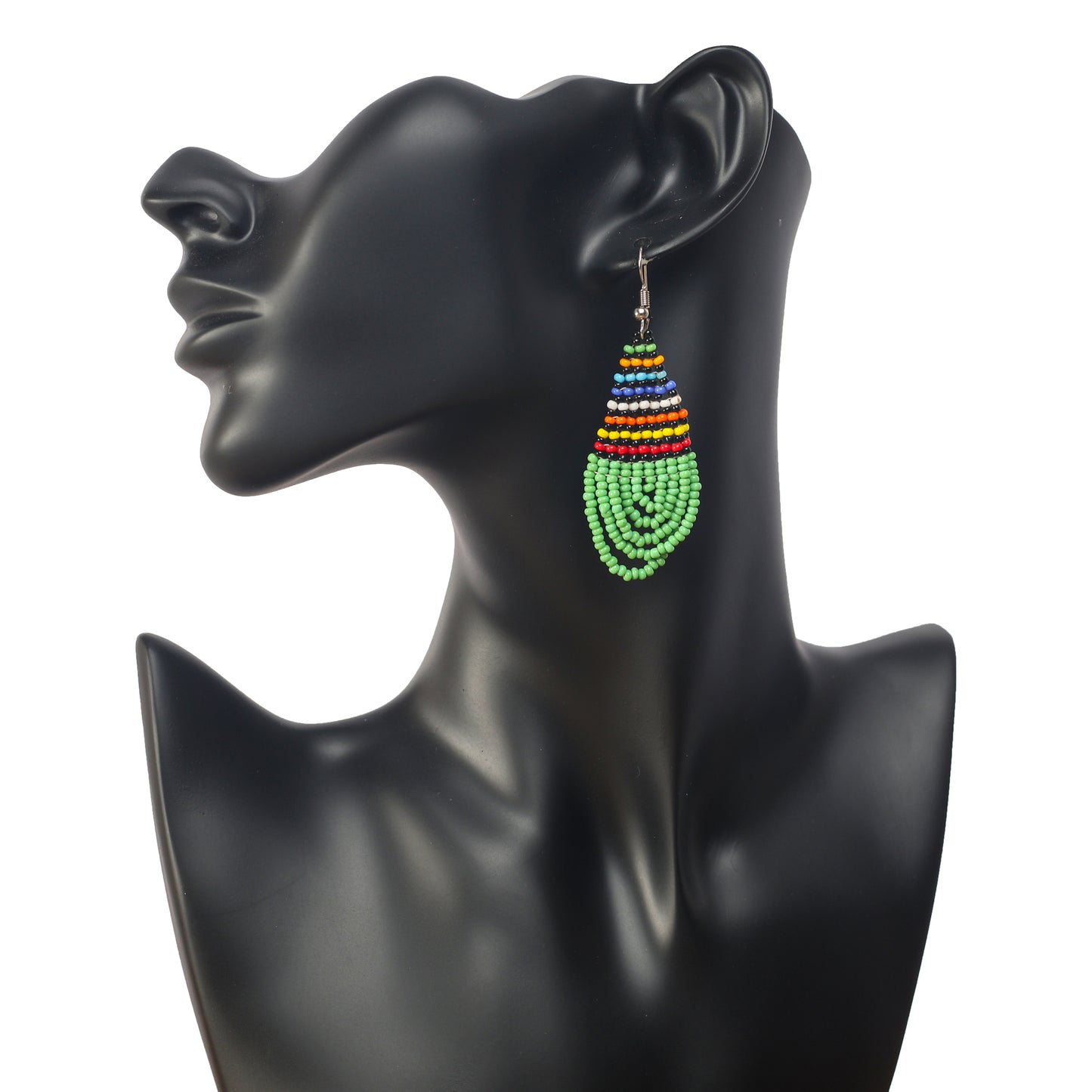 Green beaded earrings with a multicolor design