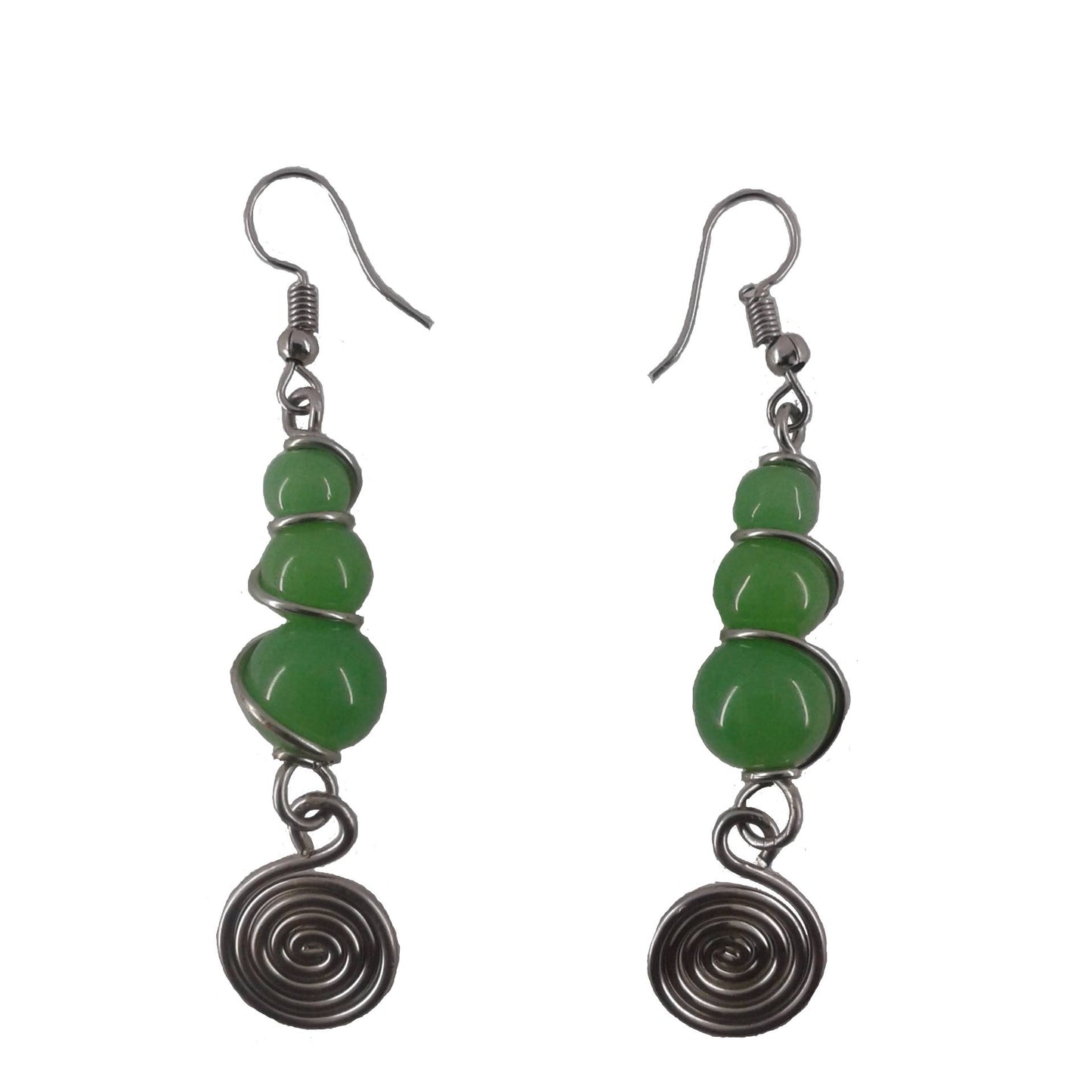 Green Beaded Earrings, handmade with silver plated brass and green beads