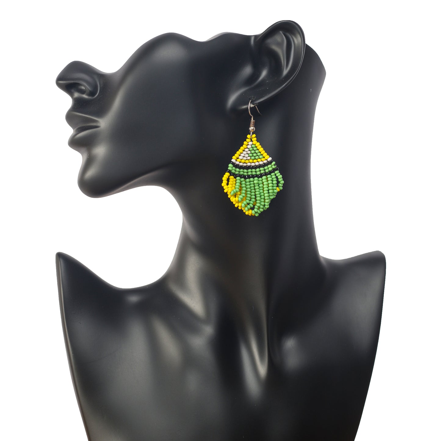 Green and yellow beaded earrings. The yellow beads are over laid with green beads. The white and black beads are used as accents. 