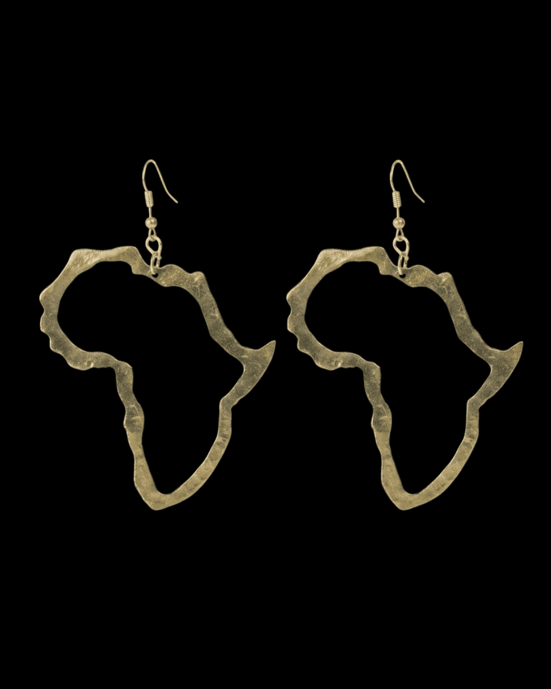 A large pair of Gold Plated Brass Africa-shaped earrings on a black background