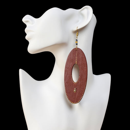 Long Brown Earrings with yellow designs and gold plated accents