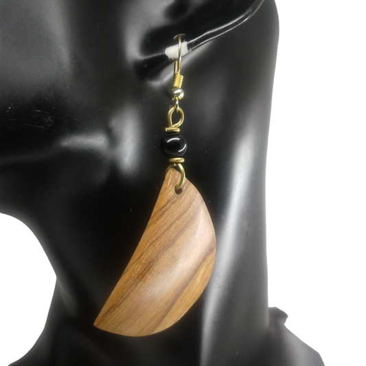 Long Dangle Earrings handmade with wood shaped as half moon