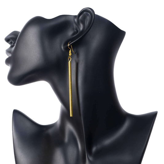 Long slim gold bar dangle earrings with flat rectangular drop, modern minimalist style