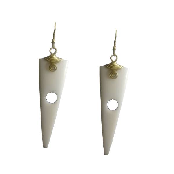 Long White and Gold triangle earrings. Handmade with camel bone and gold plated brass