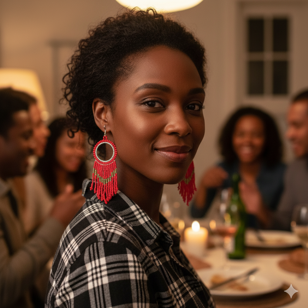 Model wearing the long red beaded earrings at a family gathering