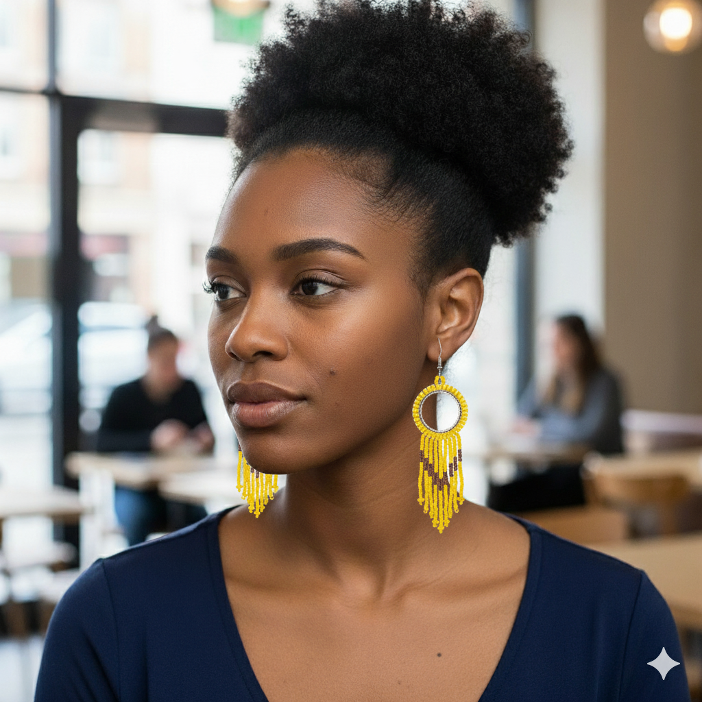 Woman wearing the long yellow beaded earrings