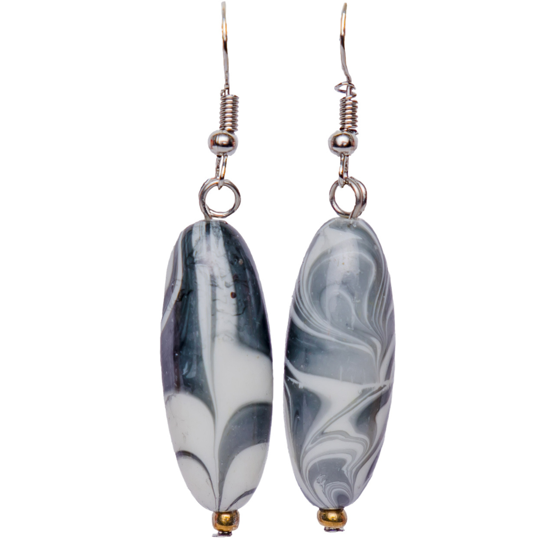Mismatched gray earrings. Each earring has a unique print that complements the other print.