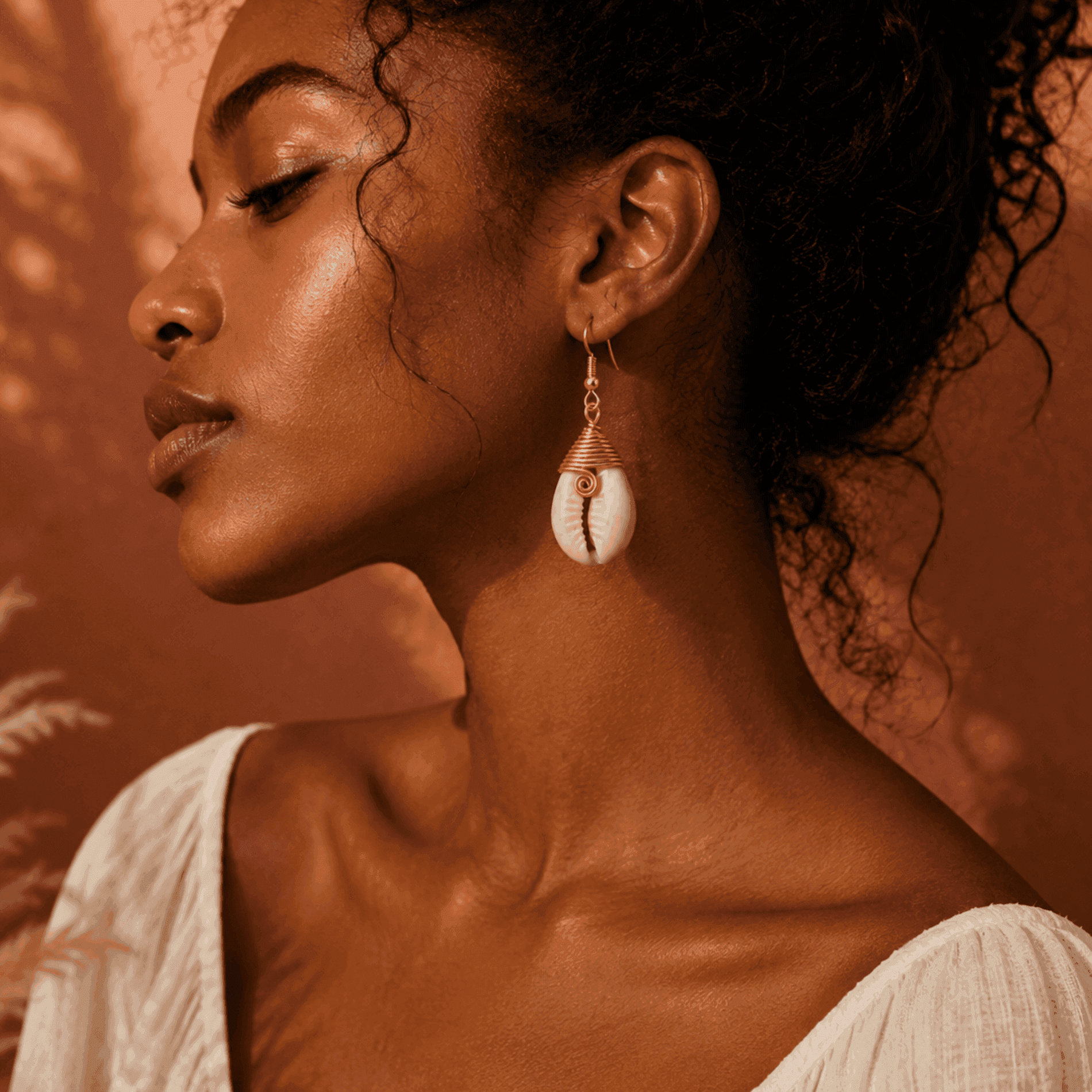 Woman wearing a shell earring with a warm-toned background
