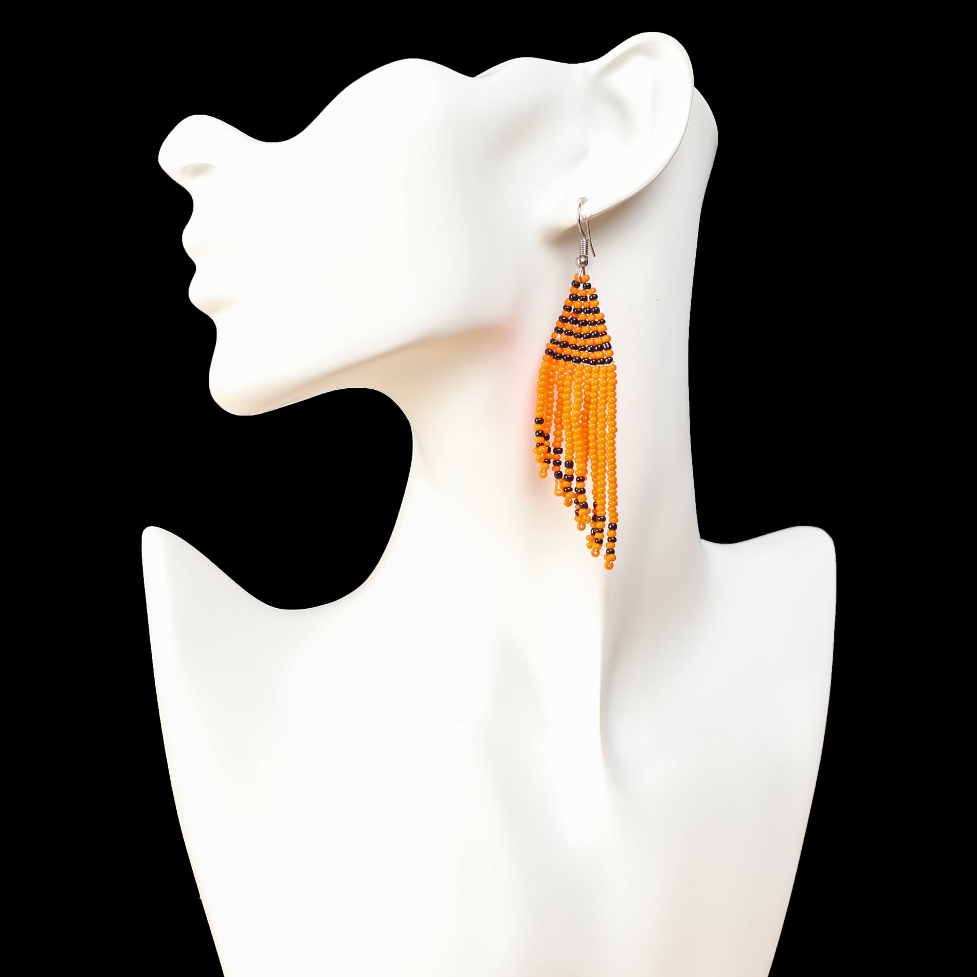 Orange and black beaded tassel earrings