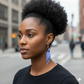 Woman wearing the purple and black tassel earrings