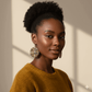 Woman wearing the round brown beaded earrings