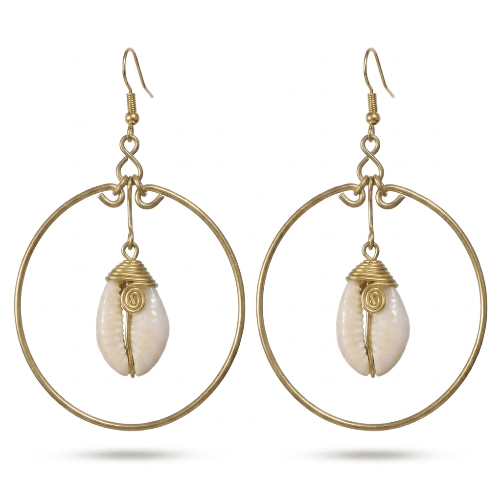 Gold hoop earrings with authentic cowrie shell in the middle. The earrings are on a white background.