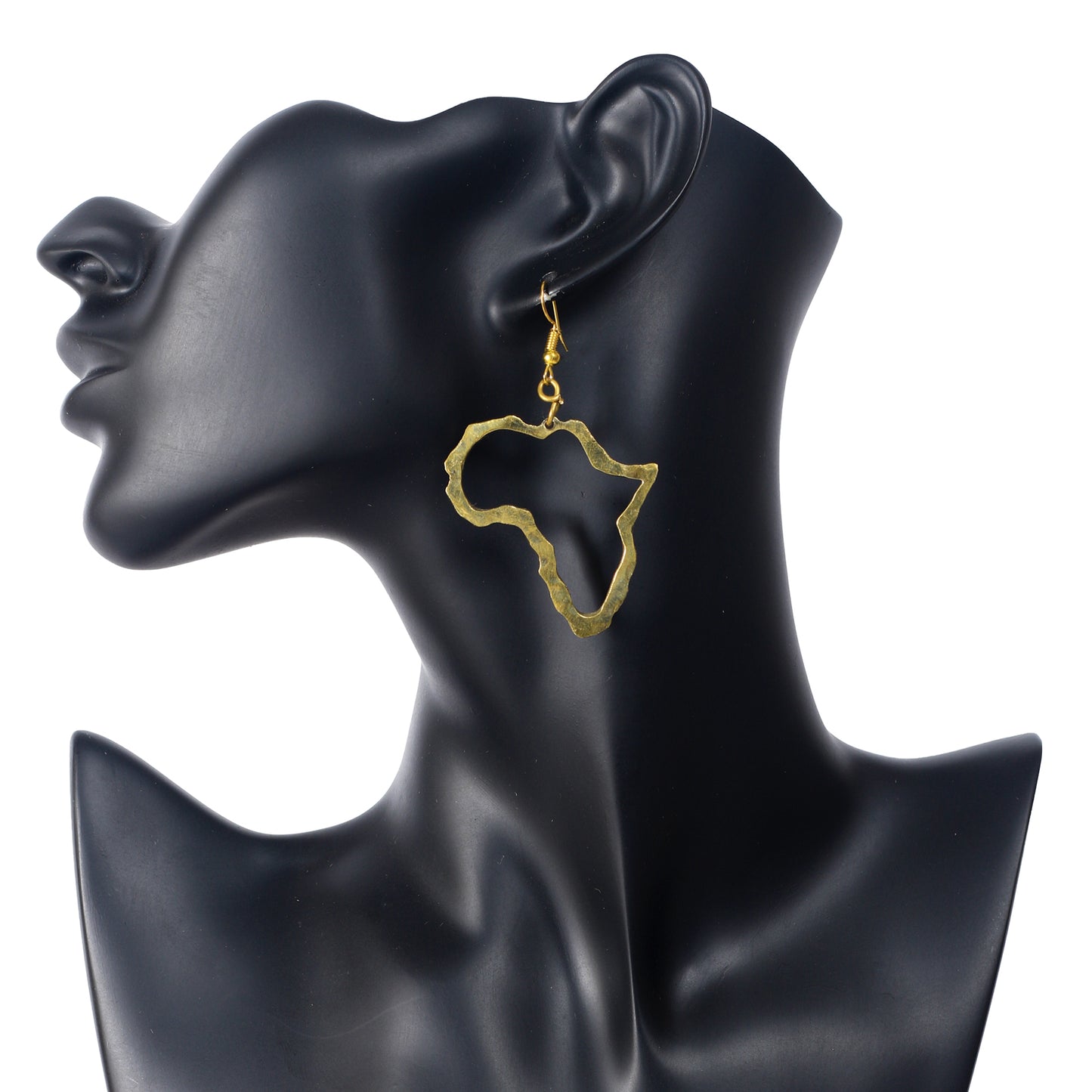 Small, gold plated dangle earrings in the outline shape of the African continent