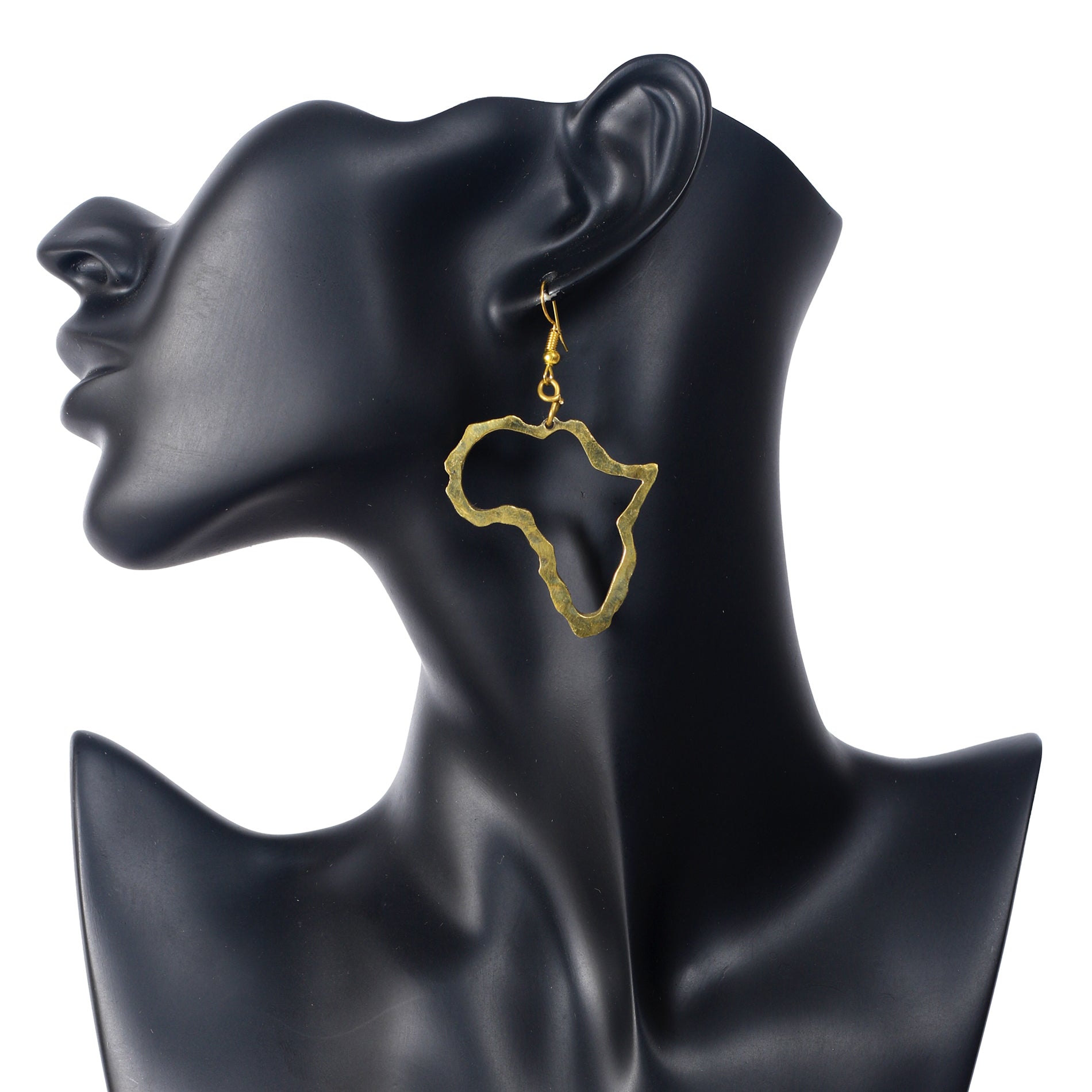 Small, gold plated dangle earrings in the outline shape of the African continent
