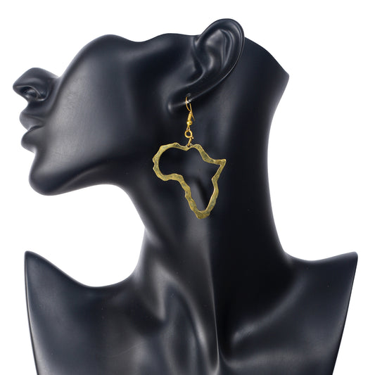 Small, gold plated dangle earrings in the outline shape of the African continent