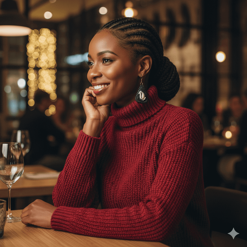 Woman wearing the small leather and shell earrings at a fancy dinner