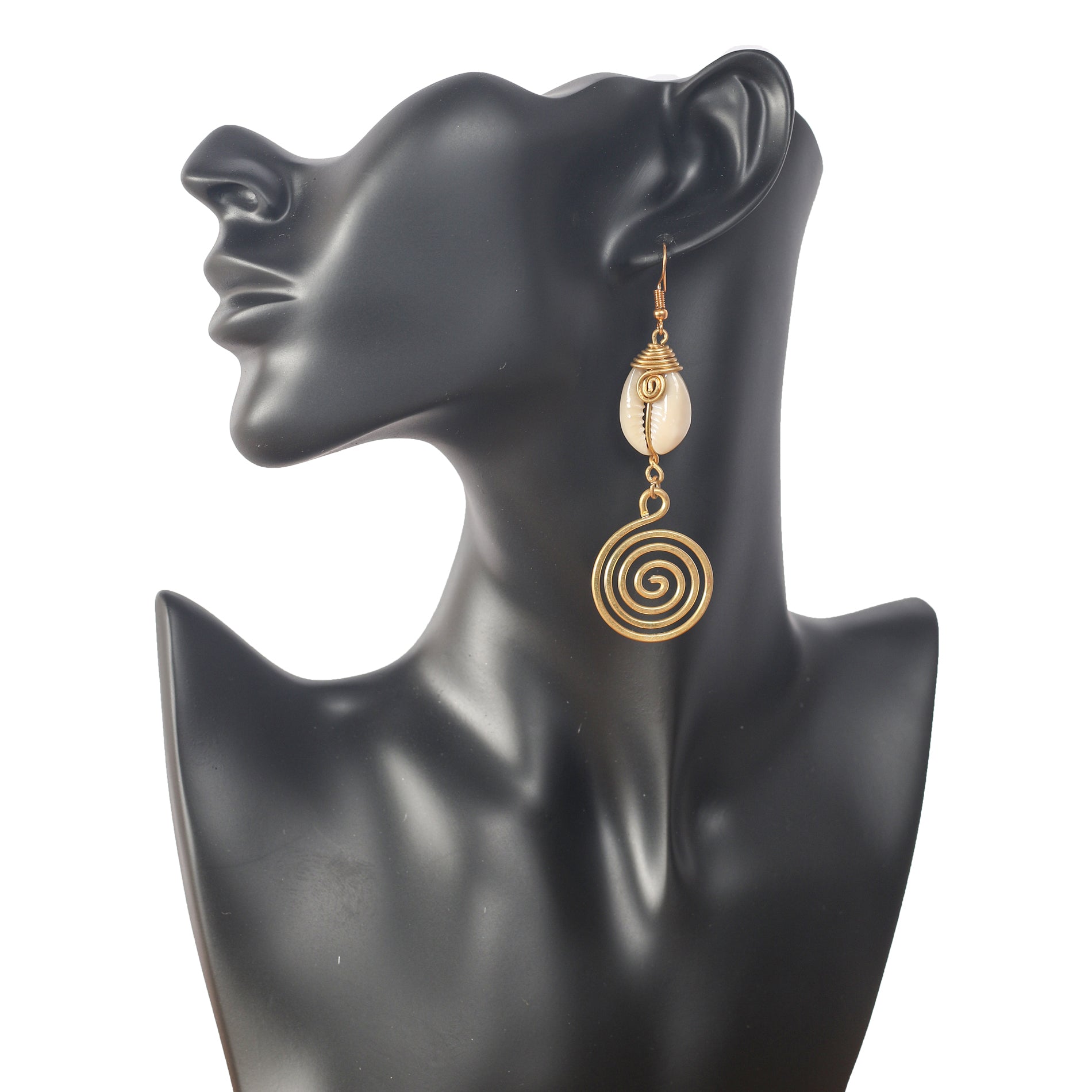 Spiral Earrings handmade with gold plated brass and cowrie shell.