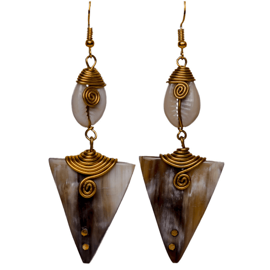 Long Triangle Earrings, handmade with cowrie shells, camel bones and gold plated brass