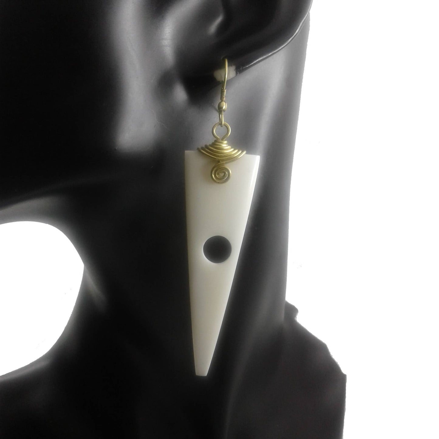 Long White and Gold triangle earrings. Handmade with camel bone and gold plated brass
