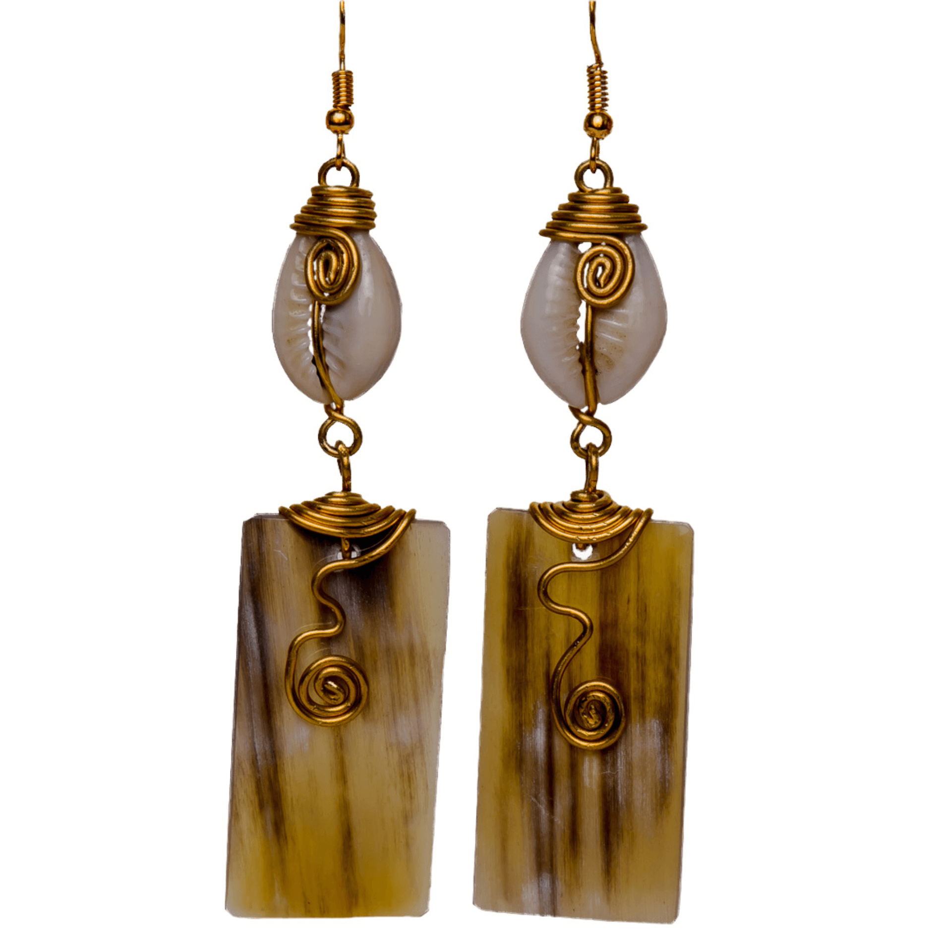 Unique Long Bar Earrings handmade with camel bones, cowries shells and gold plated brass