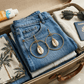 Folded jeans with shell earrings on top, sunglasses, and a passport in an open suitcase.