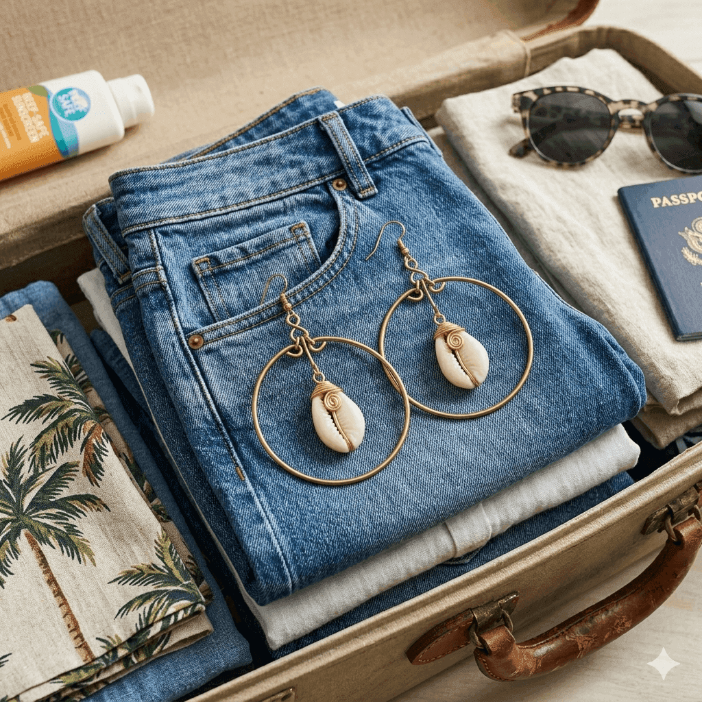 Folded jeans with shell earrings on top, sunglasses, and a passport in an open suitcase.