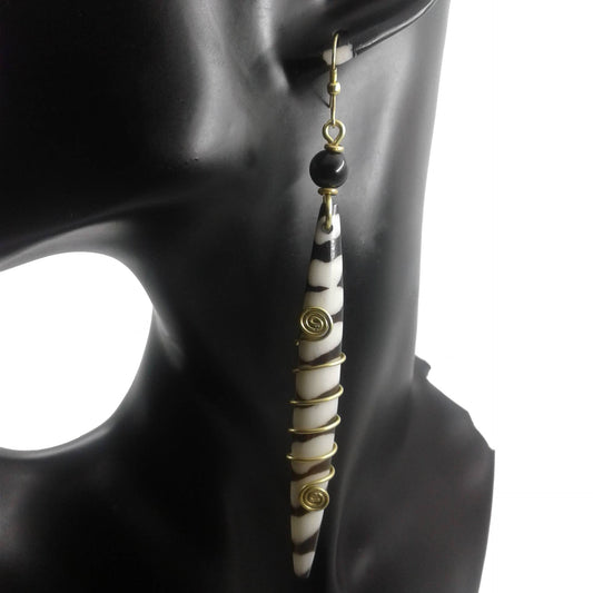 long White and Black earrings. Handmade with camel bone and gold plated brass