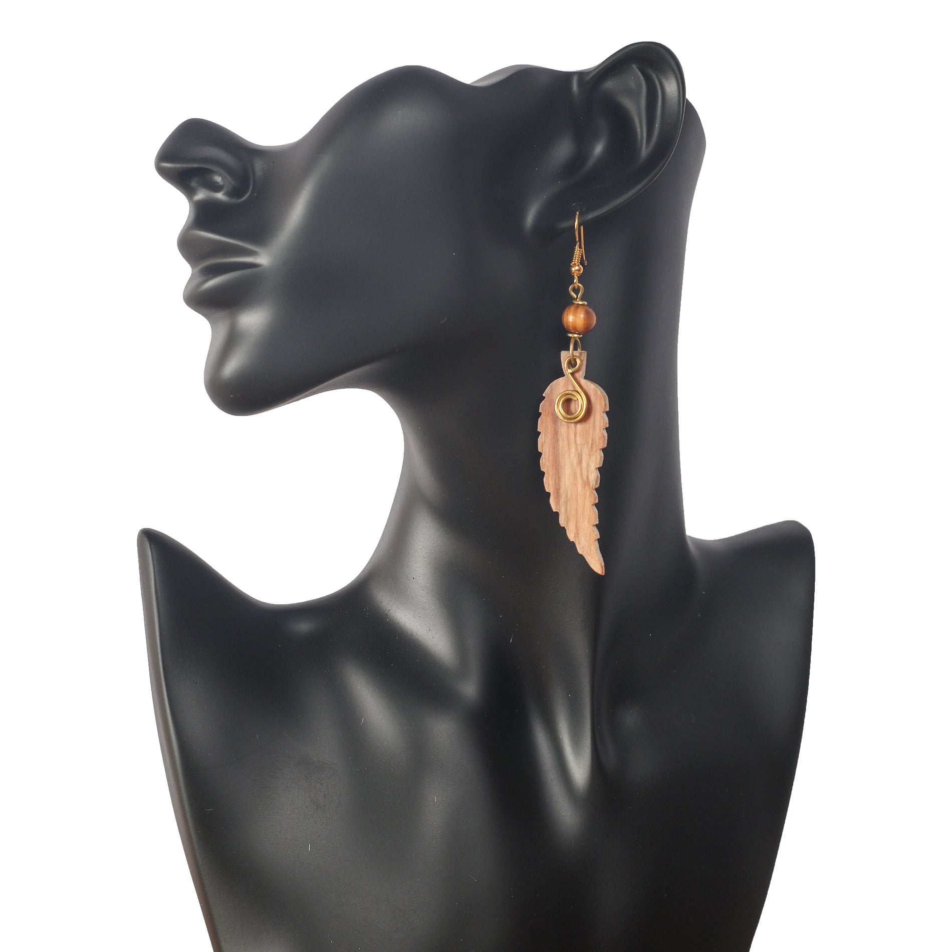 Long Wooden Earrings with a brown bead and gold plated brass accent.