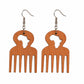 Brown Wooden Earrings with an African Map cut out and Afro pick on a white background.