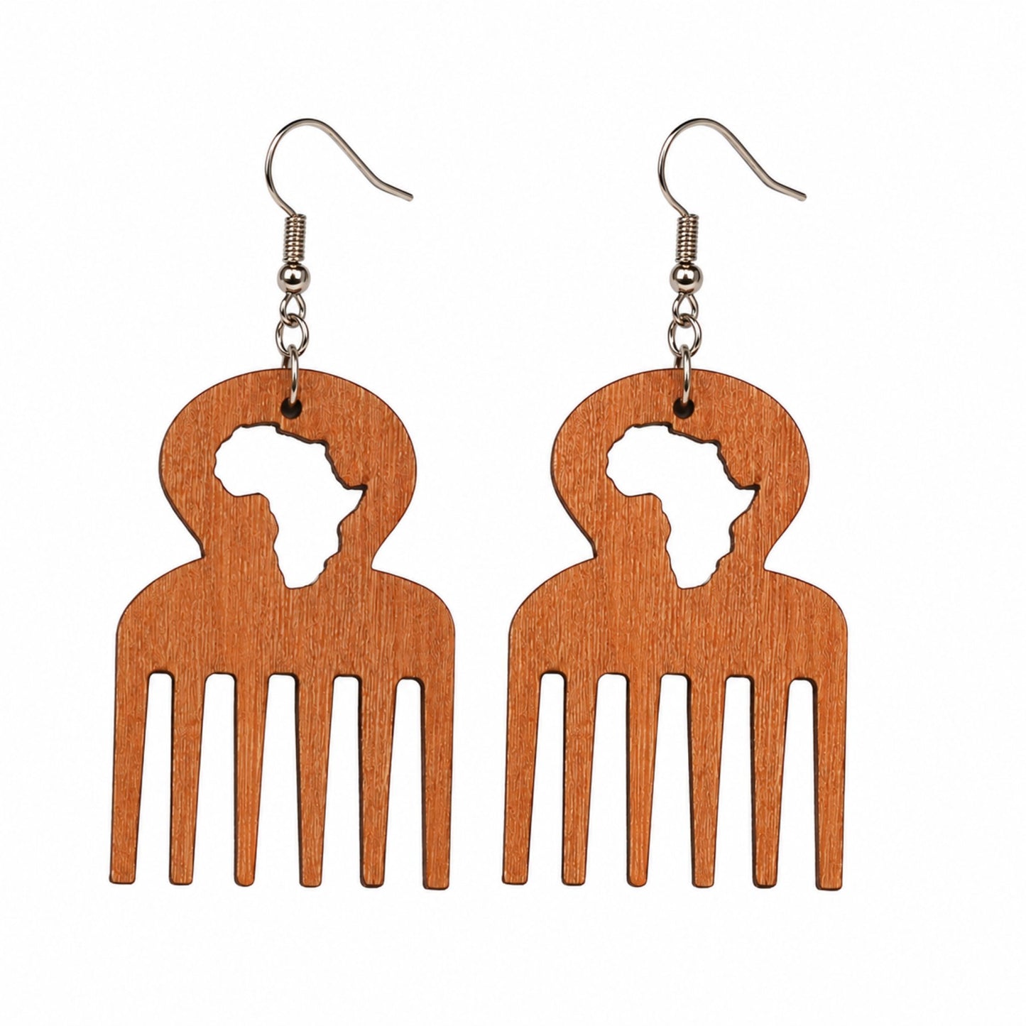 Brown Wooden Earrings with an African Map cut out and Afro pick on a white background.