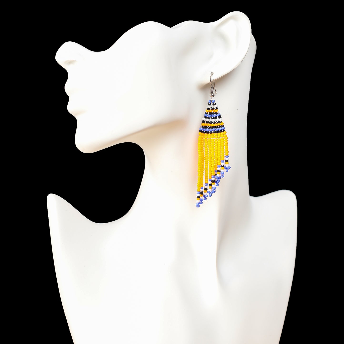 Yellow Beaded Tassel Earrings with Black, Blue and white bead accents.