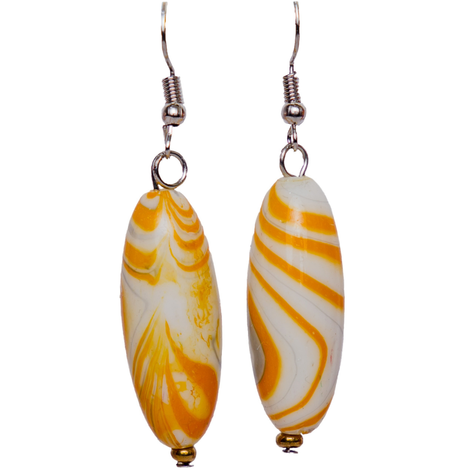 Yellow mismatched earrings. Each earring has a different print design