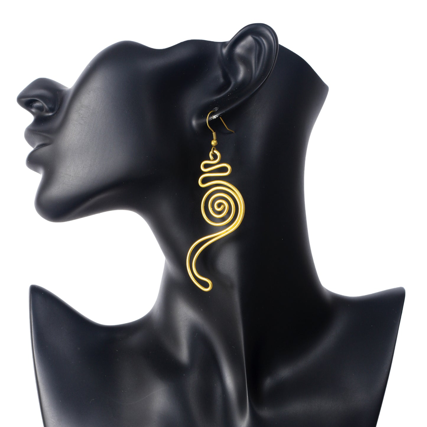 A pair of long, gold-plated wire earrings in a free-form, sculptural design with a central spiral.