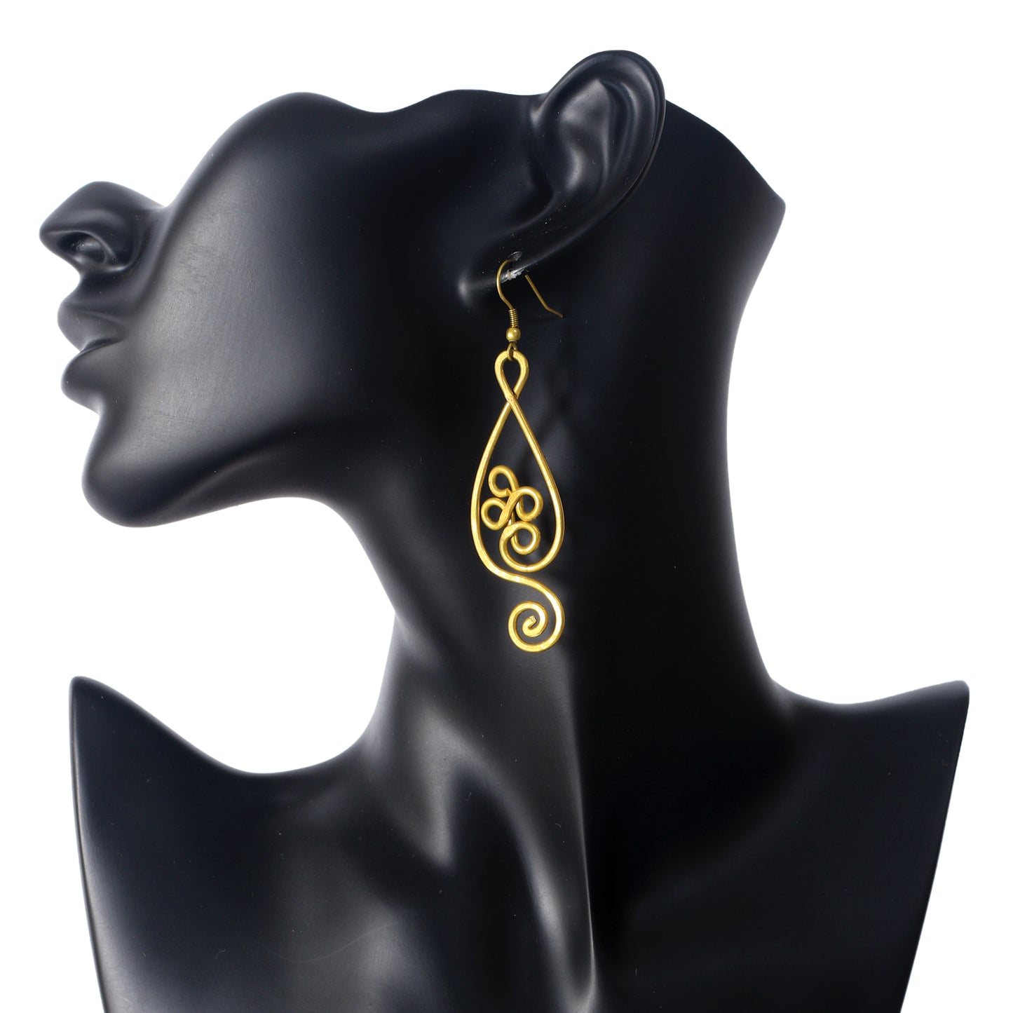 A pair of large, gold-plated wire earrings in a sculptural teardrop shape with a central triple-loop and spiral design.