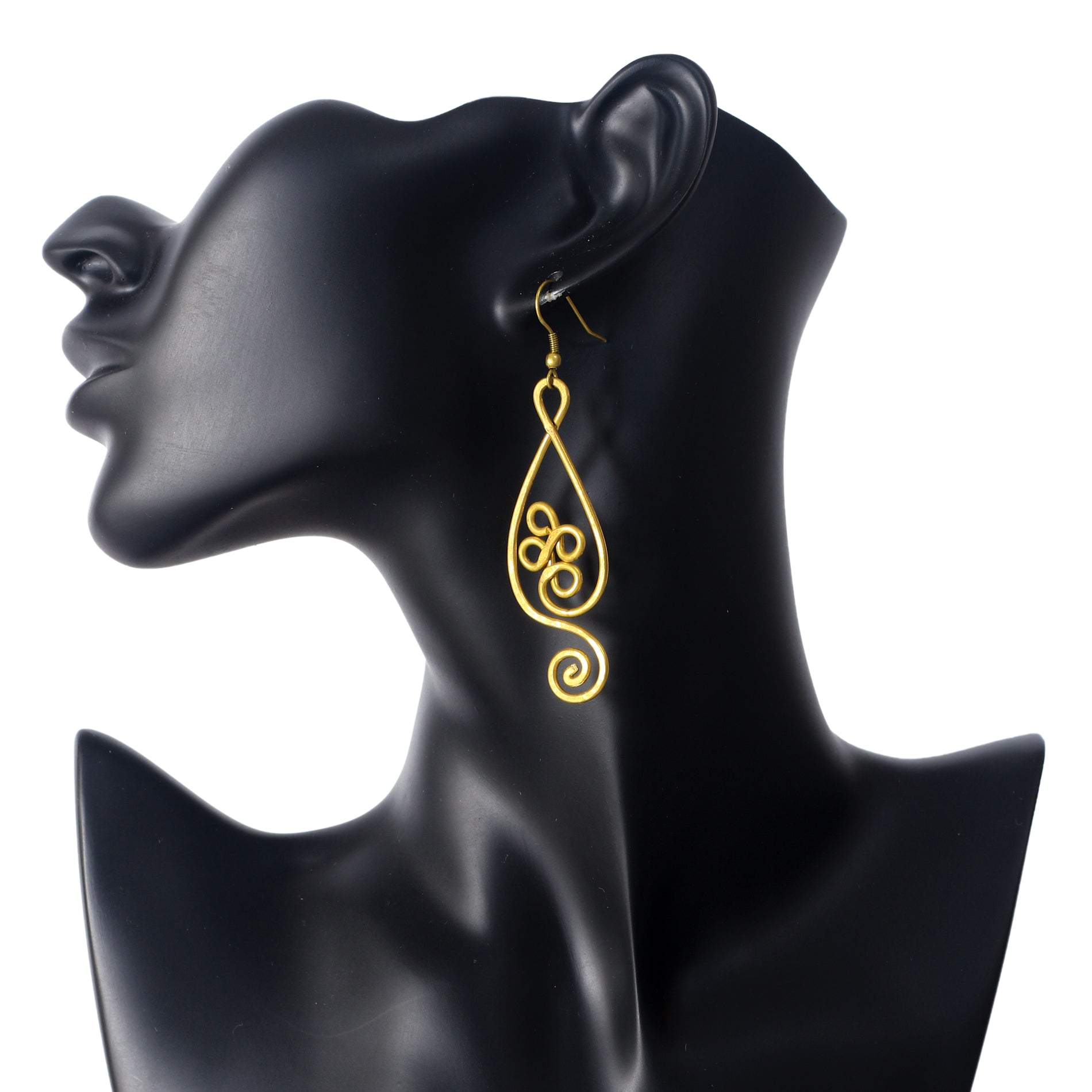 A pair of large, gold-plated wire earrings in a sculptural teardrop shape with a central triple-loop and spiral design.