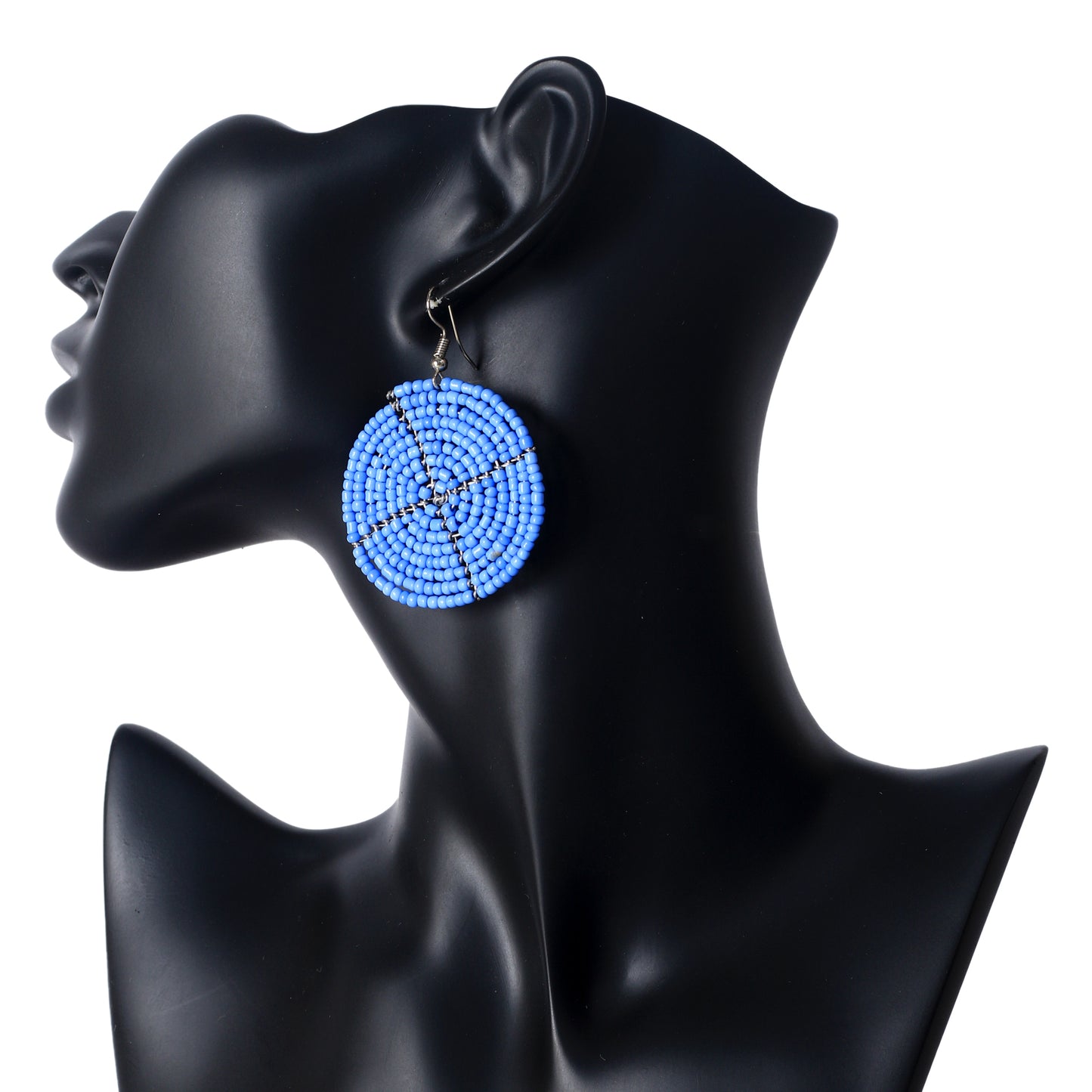 A pair of hand-woven blue beaded disc earrings in a geometric wheel spoke pattern.